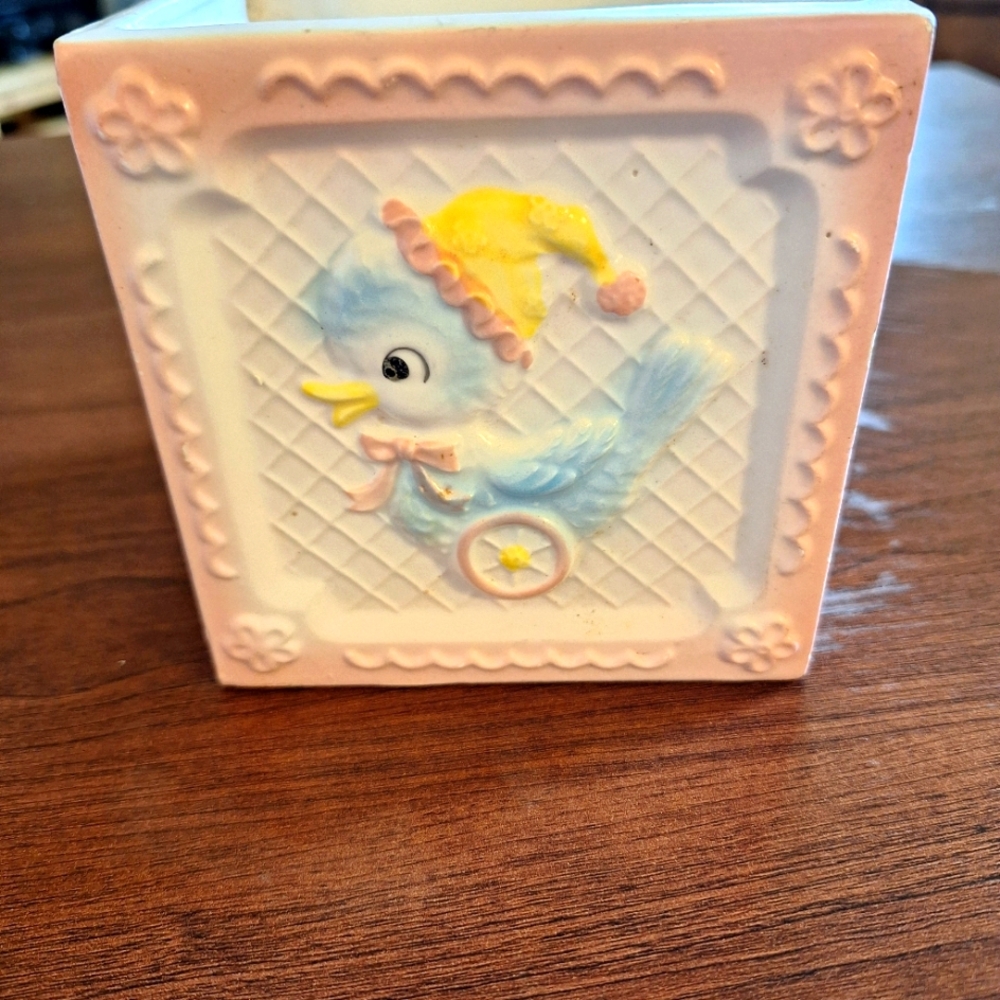 Adorable Antique Baby Nursery Blue Lamb Ceramic Planter Circa 1950 6"x6"